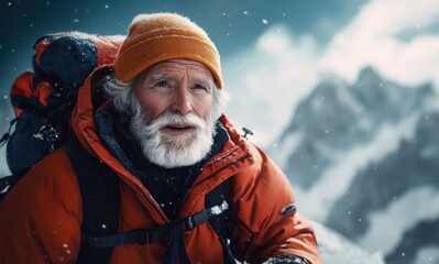 Fototapeta premium Adventurous Senior Climber on Snowy Himalaya Mountain Peak in Winter Expedition