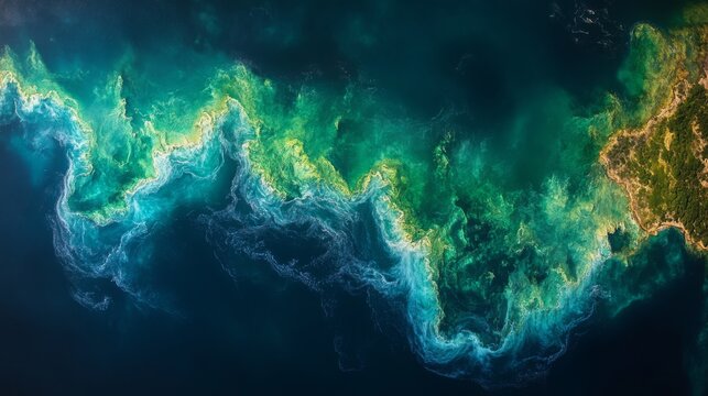 A detailed view of vibrant oceanic patterns captured from space, highlighting the interaction of water, land, and biological activity along the coastline. Telemetry data aids in ecological research.