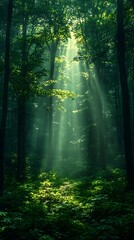 Obraz premium Enchanting Sunlit Forest Landscape with Glowing Rays Across Verdant Foliage