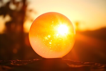 A glass sphere reflects a vibrant sunset, with a glowing sun and specks of light inside, creating a warm, magical, and serene atmosphere.