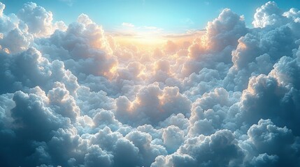 Dramatic Cloudscape with Sunlight Breaking Through Fluffy Clouds Creating a Heavenly Atmosphere