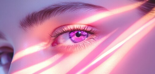 Woman's eye with a laser beam on a white background, a close-up portrait of a woman looking at the camera