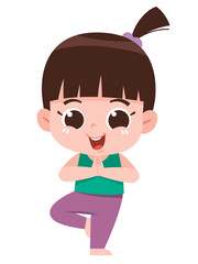 A happy young girl with brown hair tied in a ponytail is practicing yoga in the tree pose