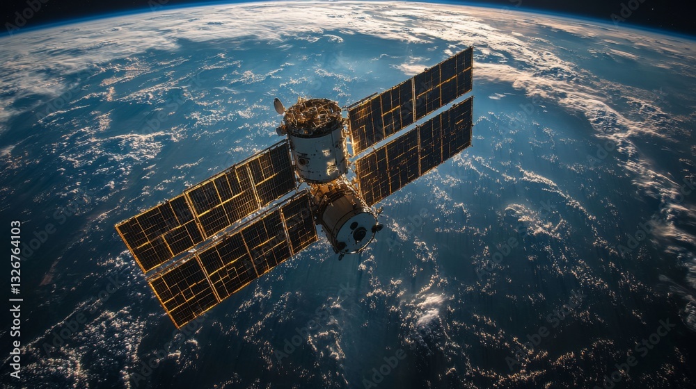 Poster High-tech satellite orbits Earth, transmitting telemetry data and GPS signals. It plays a crucial role in global navigation and tracking systems through advanced technologies.