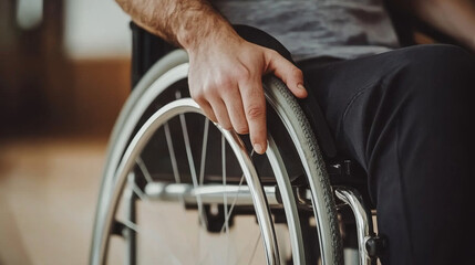 Obraz premium close up of hand gripping wheel of wheelchair, showcasing mobility and independence. image conveys strength and determination