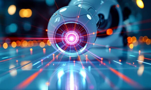 Futuristic robot eye scanning city; tech innovation
