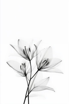 black and white photo of lilies that have transparent pedals and leaves