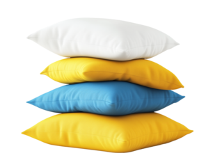 Colorful stack of yellow, blue, and white cushions arranged neatly on a surface