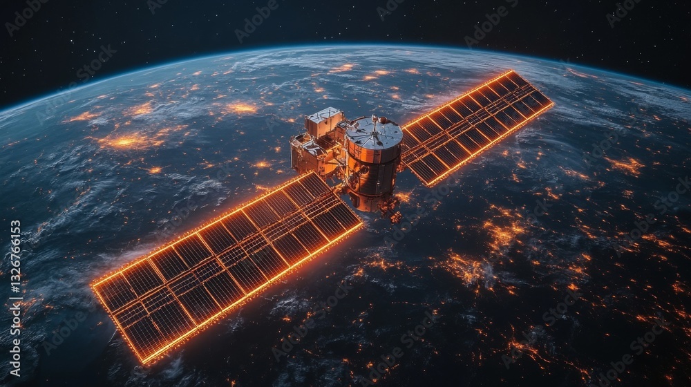 Poster a satellite equipped with solar panels orbits the earth, transmitting telemetry and broadband signal