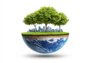Green trees and a cityscape on a small patch of land atop a half globe earth. White background.