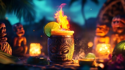 Tiki cocktail in jungle night