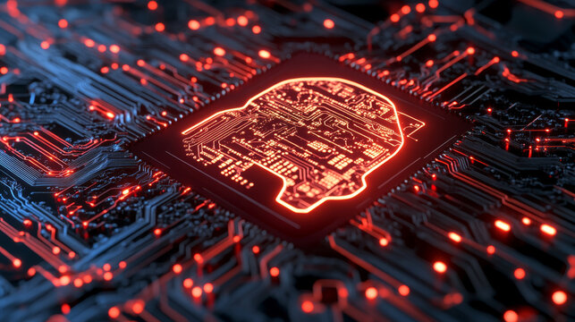 close up view of microchip with glowing circuit pattern resembling human face, symbolizing artificial intelligence and technology