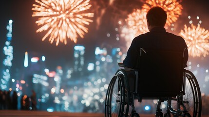 Obraz premium Wheelchair user enjoys vibrant fireworks display in urban setting at night