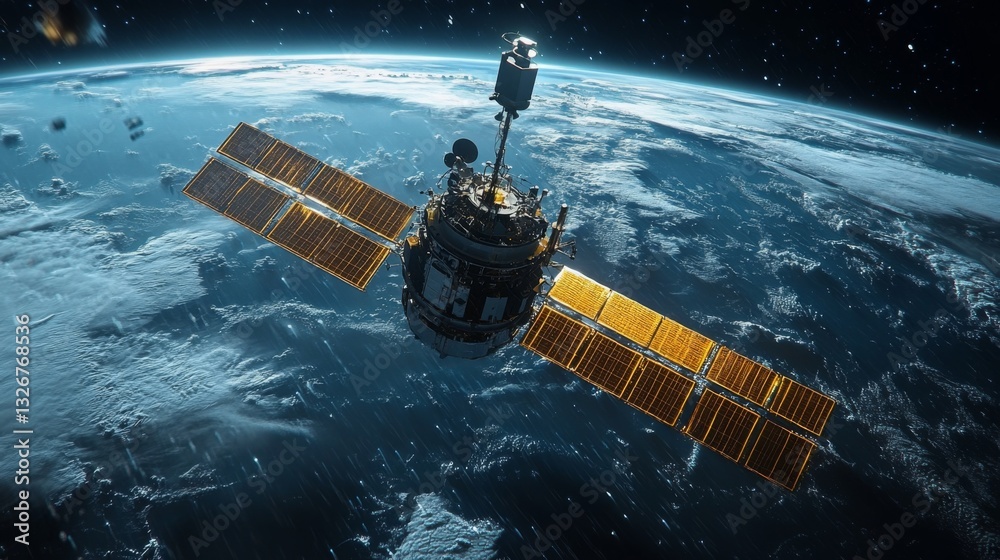 Poster a satellite equipped with solar panels orbits the earth, gathering data for telemetry and surveillan