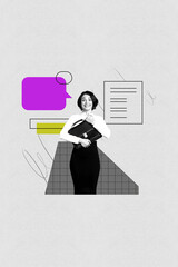 Art image vertical photo collage of happy girl hold briefcase list chatterbox notification dialogue...