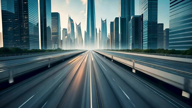 High-speed futuristic highway in a modern metropolis with motion blur effect and towering skyscrapers
