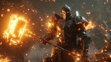 A powerful warrior in black armor stands amidst a fiery inferno, wielding a flaming hammer