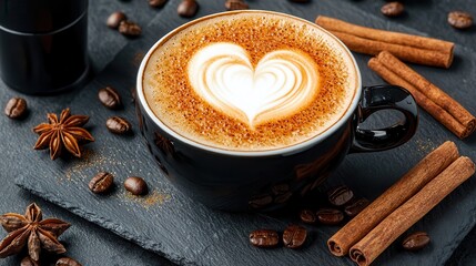 Heart-Shaped Latte Art in Black Coffee Cup Surrounded by Beans and Spices