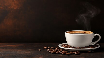 A steaming cup of coffee sits on a saucer, surrounded by coffee beans, against a dark, textured background.