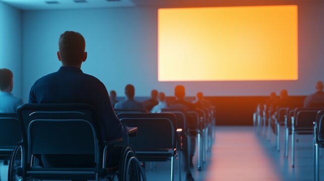 Student in wheelchair attends university lecture with a large screen in background
