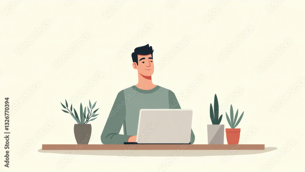 Poster a man working on a laptop at a desk with potted plants. the scene depicts a work-from-home setting o
