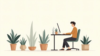 a person working at a desk surrounded by potted plants, embodying a connection between nature and work