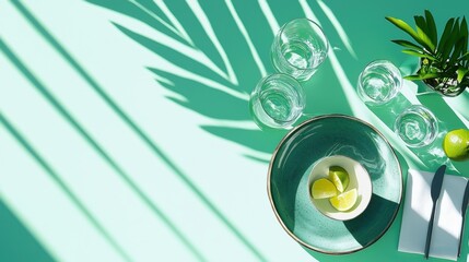 Vibrant green dining accessories displayed on a table in afternoon sun overhead perspective of refreshing decor