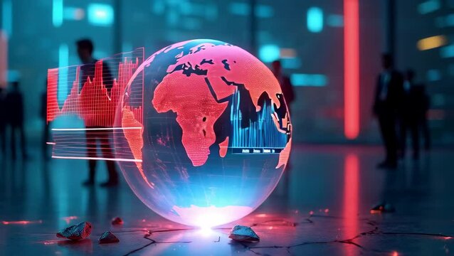 A luminous digital globe fracturing on the ground within a futuristic corporate setting, representing global instability and technological upheaval.
