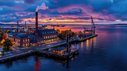 Fototapeta premium Captivating Sunset Over Industrial Harbor with Smokestacks and Cranes Reflected in Water