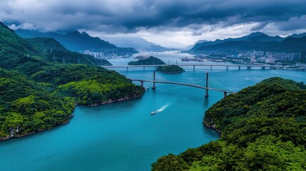 Scenic Aerial View of a Majestic Bridge Over Turquoise Water in Mountainous Landscape