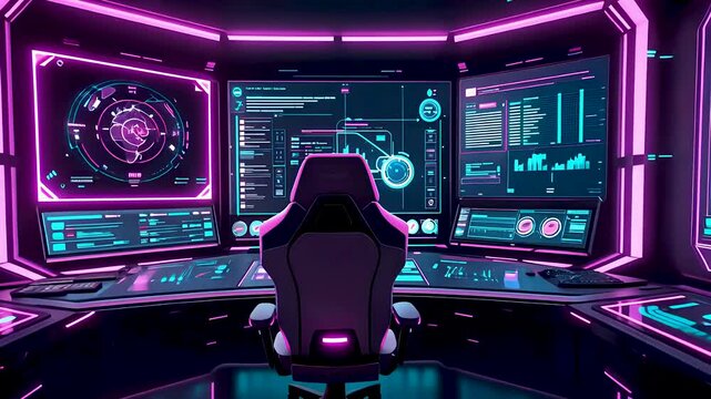 Futuristic gaming setup with neon lights, high-tech monitors, and an immersive digital environment
