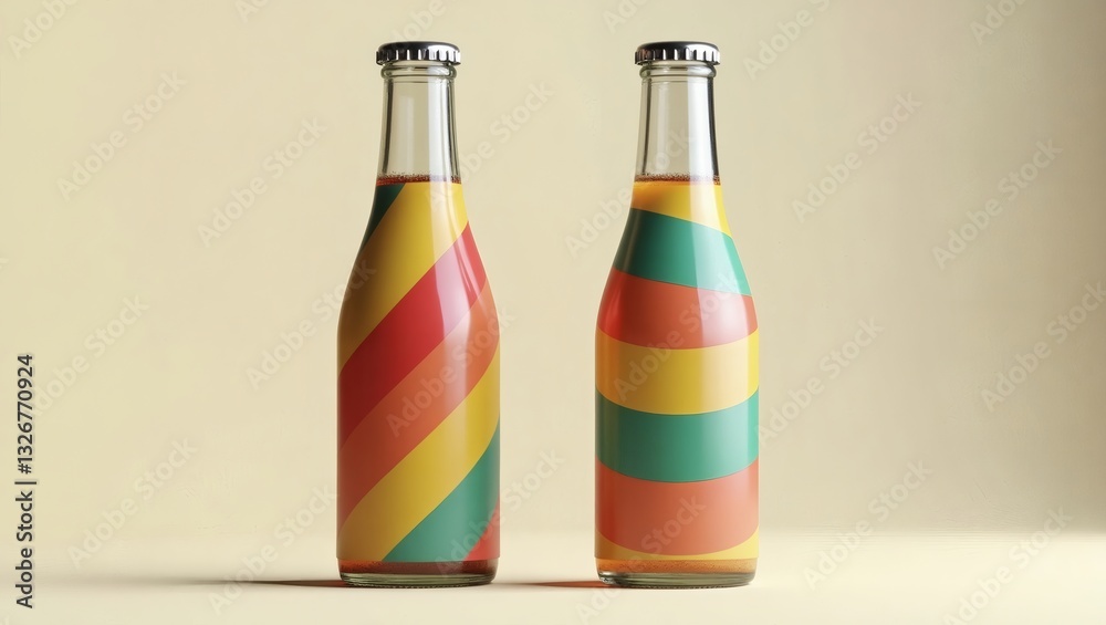 Aufkleber two colorful bottles stand side by side against a plain background. the bottles feature bright, stri