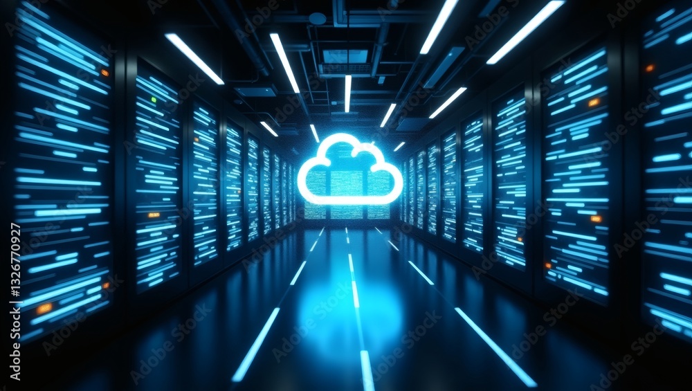 Poster a data center with a glowing cloud symbol in the center, representing cloud computing. Server racks line the room and are illuminated by neon blue lights. 