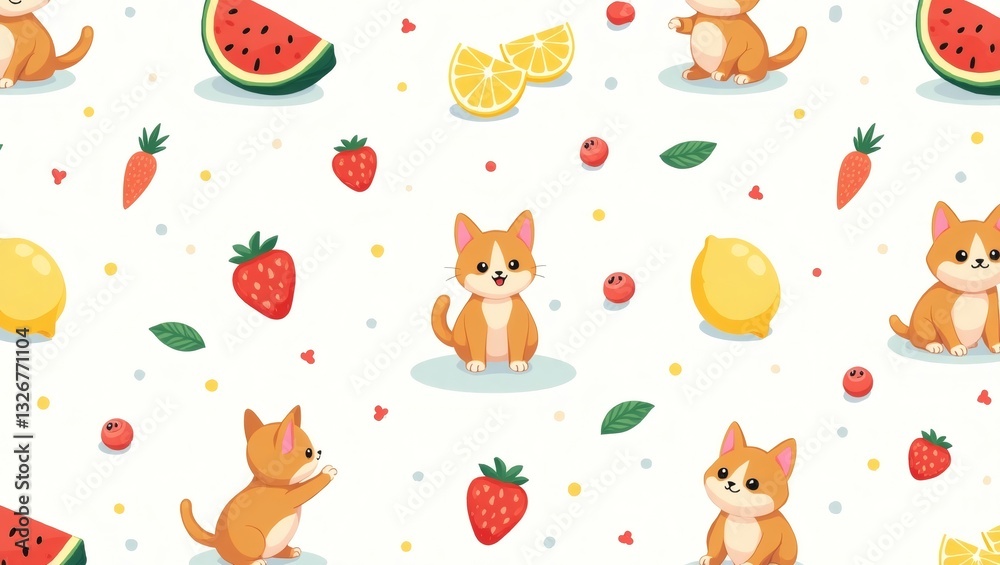 Poster A delightful pattern featuring adorable cats and refreshing fruits, perfect for any design project. The illustration showcases a playful arrangement of cats, strawberries, lemons, watermelons.