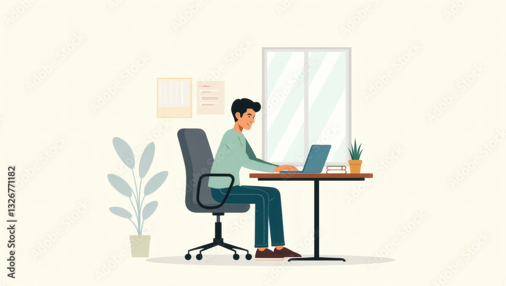 Poster a person working at the desk with a laptop and a plant next to him. the environment is a home office