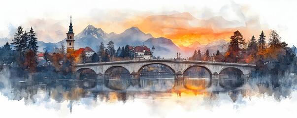 Sunset bridge, lake town, mountains. Travel poster