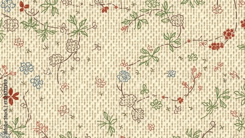 Poster a floral pattern wallpaper with flowers and leaves. The pattern features a repeating design of colorful flowers and foliage, with a textured look