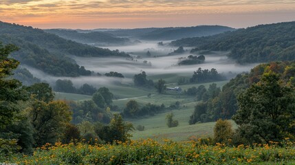 Obraz premium Serene Valley Landscape with Morning Mist and Lush Green Hills in Autumn Light