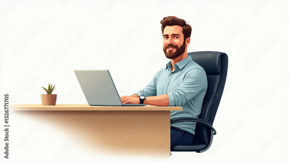 Poster a man working happily on laptop. a man is sitting at his desk with a computer and looking at camera