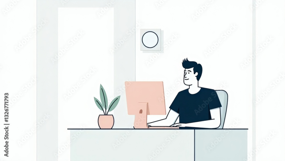 Aufkleber a man working at a computer in a modern office setting, surrounded by a few minimalist elements