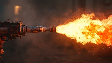 Flamethrower Weapon Shooting Intense Flames with a Dark Background and Smoke