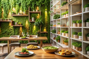 Fototapeta premium Elegant Indoor Dining Room with Living Green Wall & Bookshelves - Stock Photo