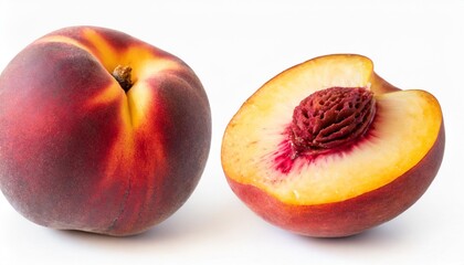Set of Fresh Red Peaches and Juicy Slices Isolated on White Background