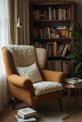 Cozy Reading Nook with Armchair, Bookshelf, and Natural Light: A Tranquil Interior Scene for Relaxation and Literary Exploration