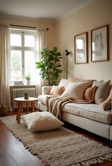 Cozy Beige Living Room with Natural Light and Earthy Tones: A Serene Retreat for Relaxation and Connection