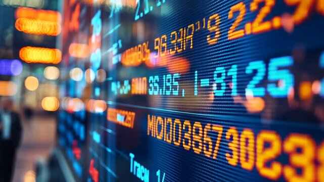 Captivating stock market display with dynamic data and urban backdrop footage