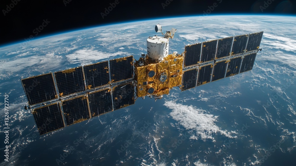 Poster a satellite orbits earth, equipped with solar panels and antennas. it transmits vital telemetry and 