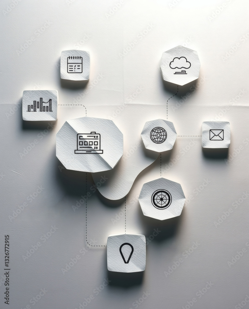 Poster a network of paper icons representing modern technology and innovation, with interconnected symbols
