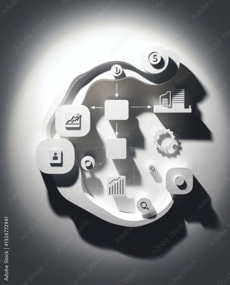 Poster an abstract conceptual illustration with business icons symbolizing strategy, innovation, and data a