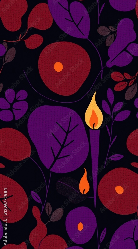 Poster an artistic candle with a flame in the center among leaves and flower pattern. the dark background e